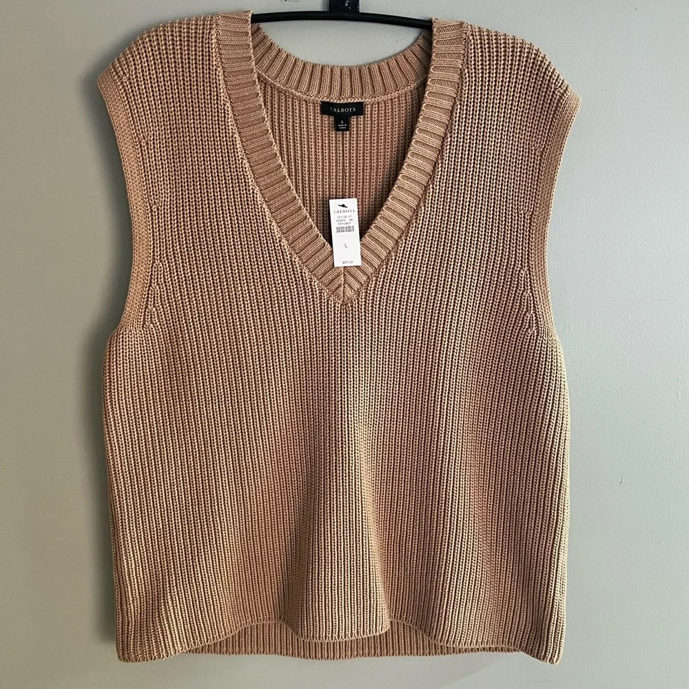 Talbots Tan Sleeveless V-Neck Sweater Sz L NWT